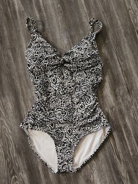 Lands' End Black and White Paisley One-Piece Swimsuit